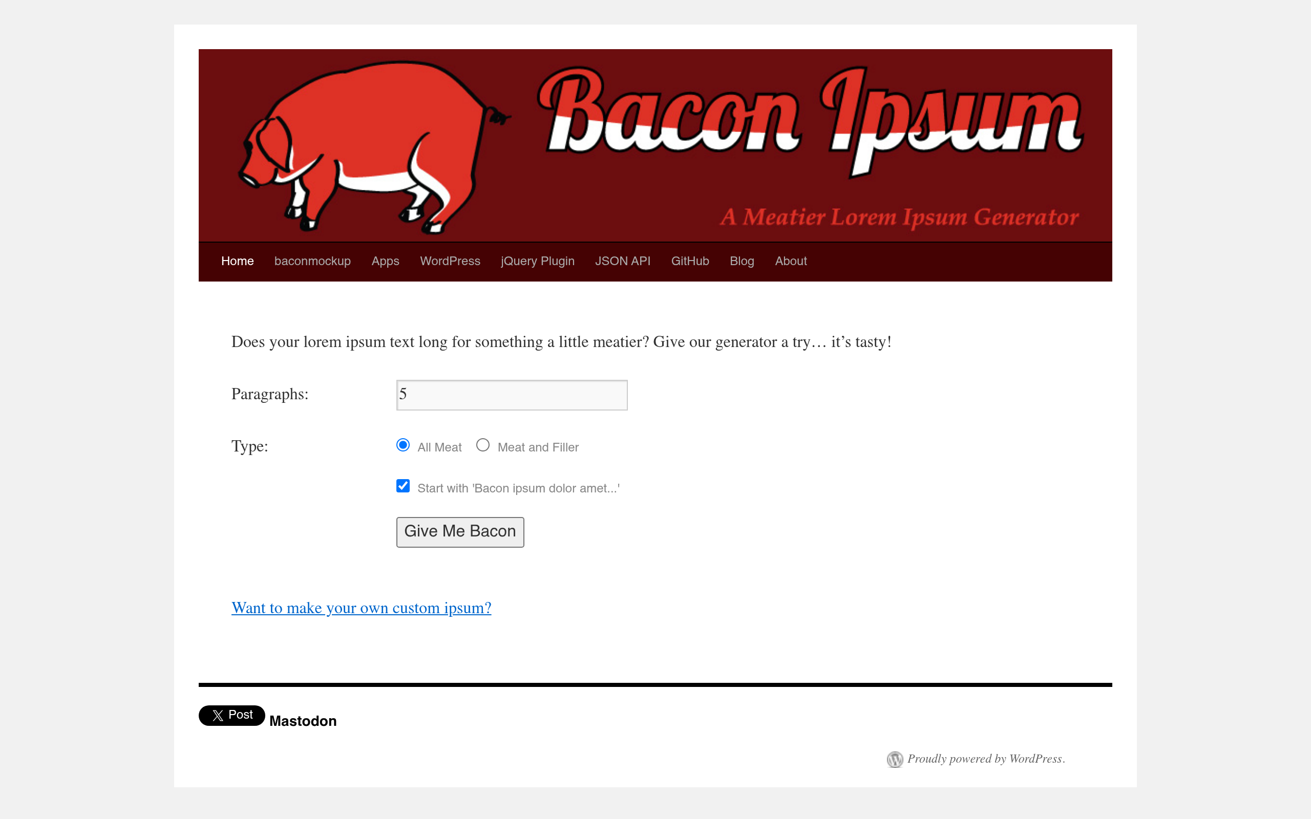 Screenshot von Bacon Ipsum - A Meatier Lorem Ipsum Generator