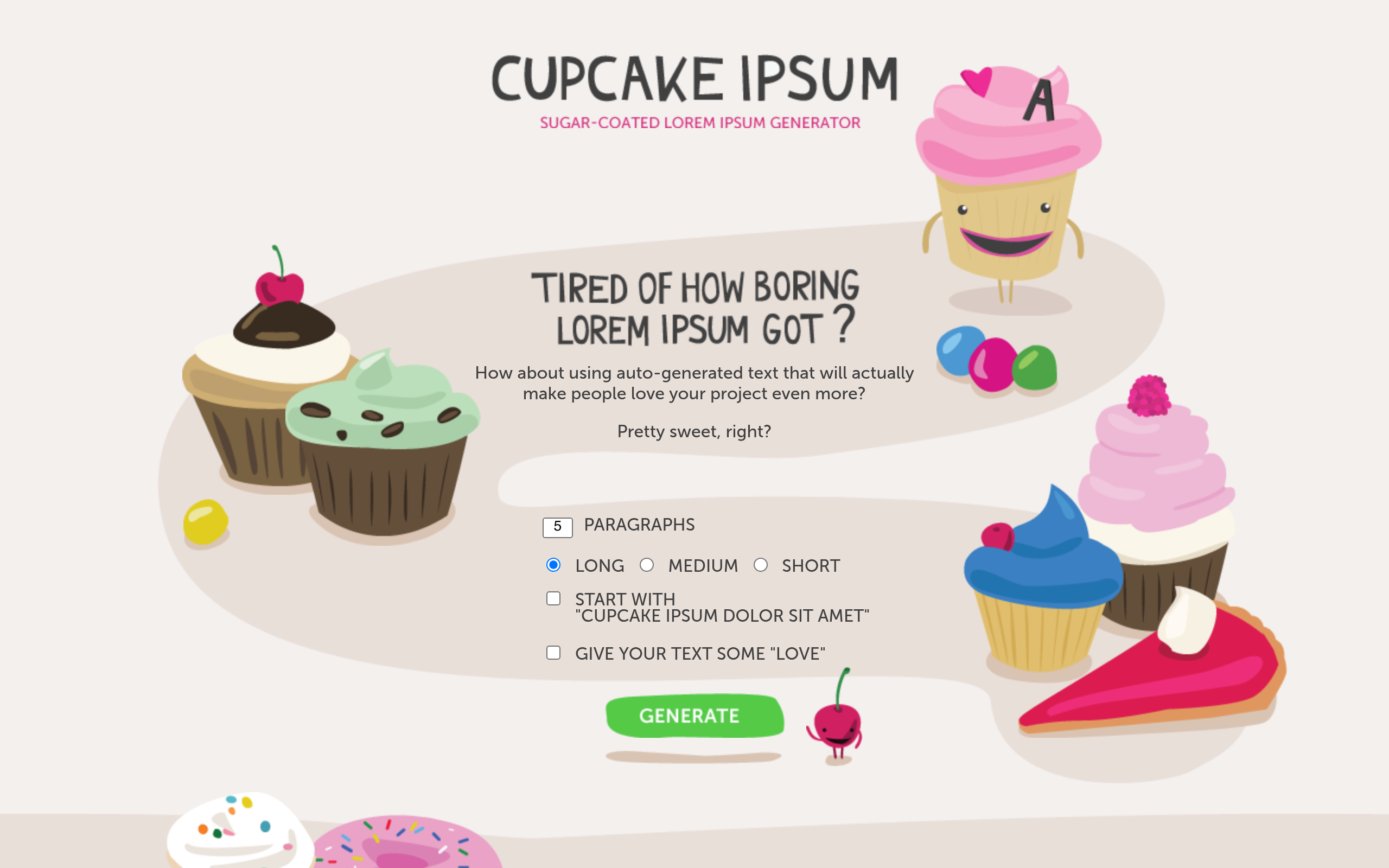 Screenshot von Cupcake Ipsum - Sugar-coated Lorem Ipsum Generator