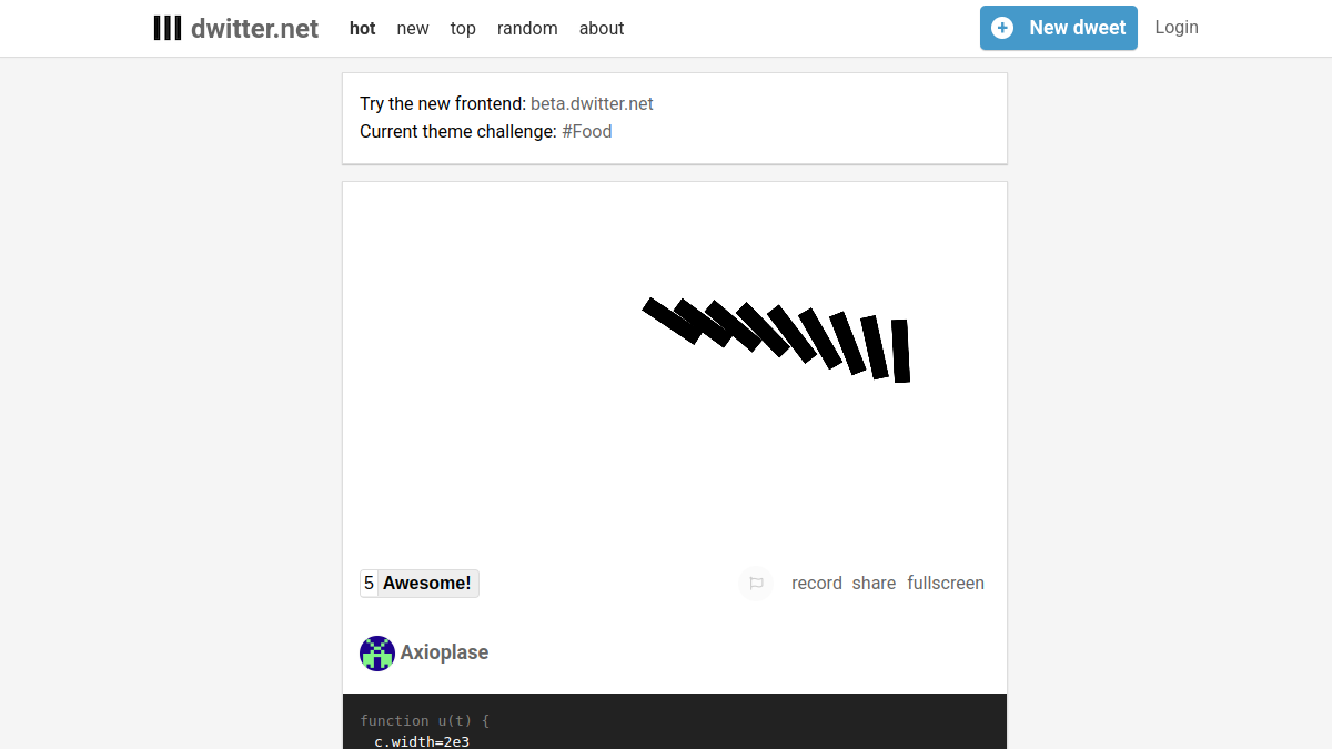 Screenshot von Dwitter  - javascript demos in 140 characters