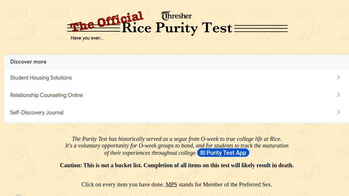 Screenshot von The Rice Purity Test