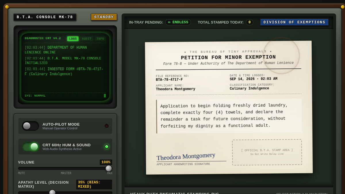 Screenshot von The Bureau of Tiny Approvals — stamp absurd petitions